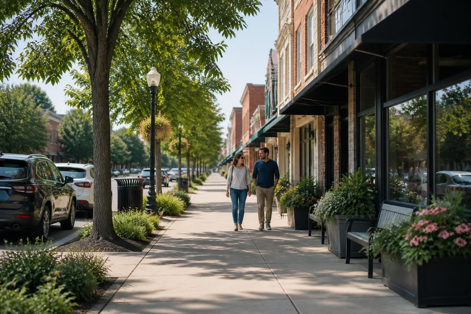 Tree-lined neighborhood street in a welcoming Midwest town.