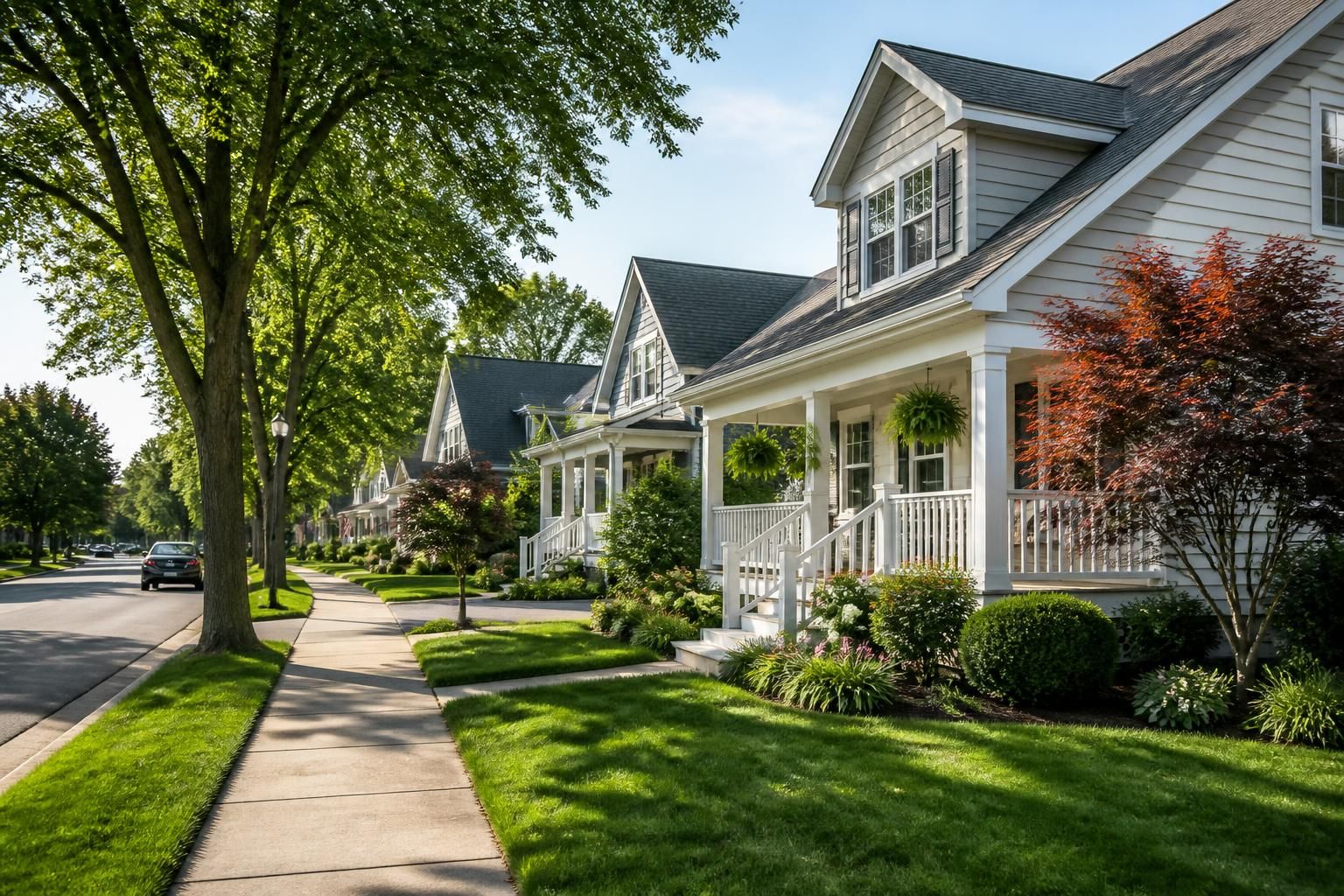 Tidy suburban neighborhood street with green lawns and homes.
