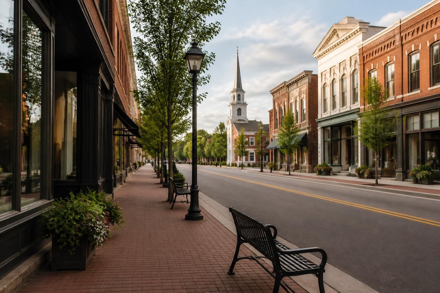Quiet small-town main street with historic buildings and clean sidewalks.