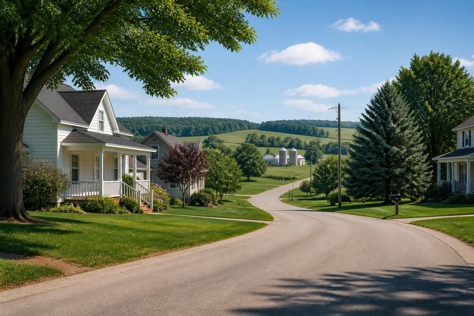 Rural neighborhood with tidy homes and green Midwest surroundings.