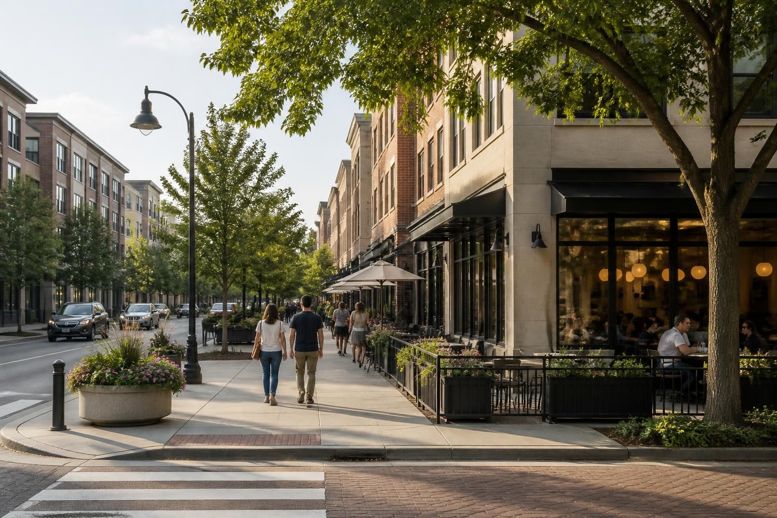 Urban neighborhood with modern buildings and mature trees.