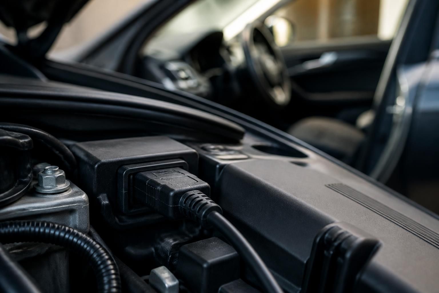 Diagnostic connection in a clean vehicle engine bay.