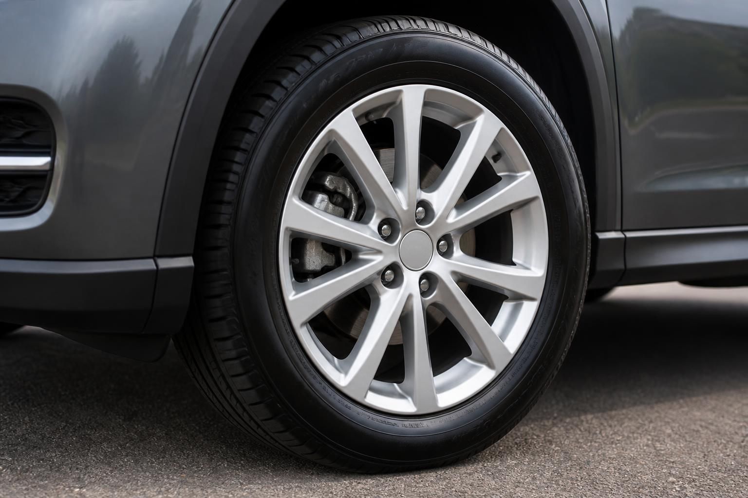 Freshly mounted tire and clean wheel on a parked vehicle.