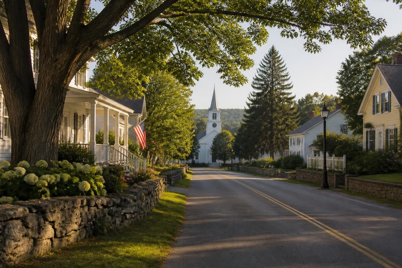 Calm rural town street with well-kept homes and mature trees.