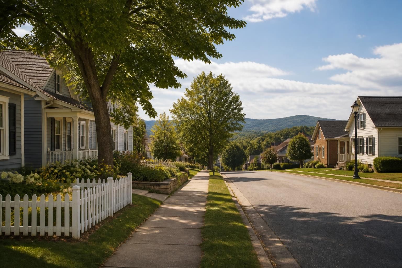 Peaceful small-community street with modest homes and open sky.