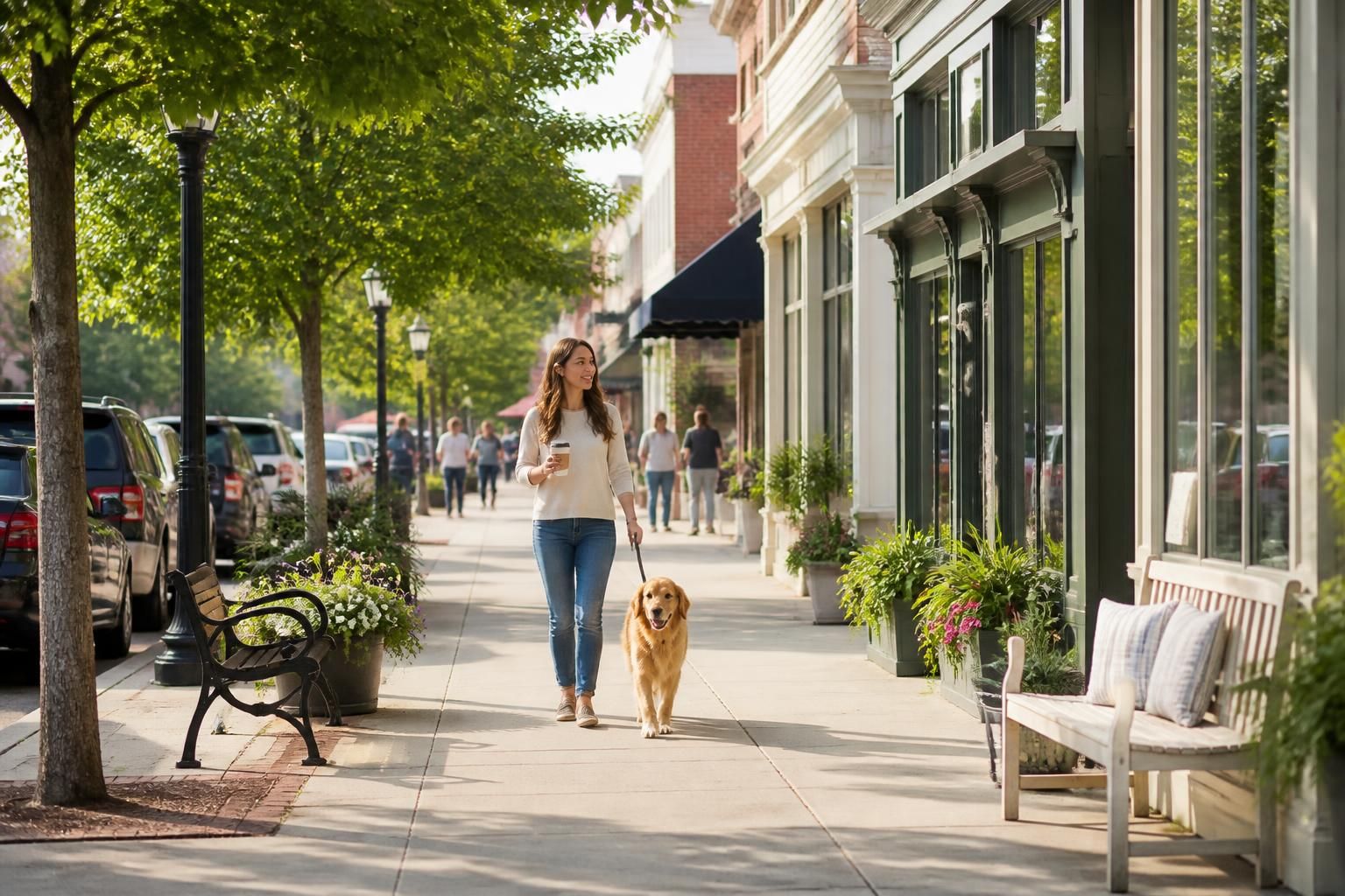 Small-town commercial street with clean storefronts and trees.